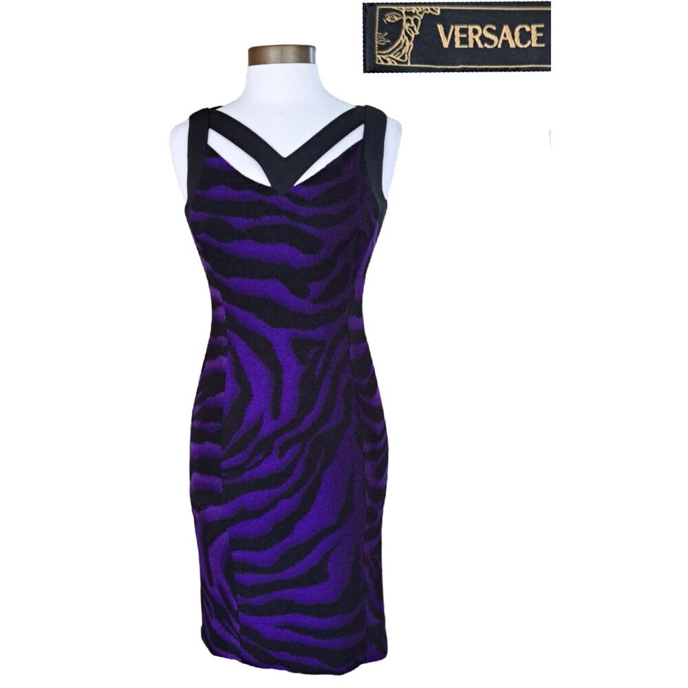 VERSACE Vintage 90s Sheath Dress Purple Black Tiger Zebra Size 40 IT XS 4 US
